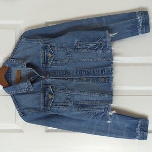 Grlfrnd Cara Classic Relaxed Fit Cropped Raw Hem Denim Jacket London Calling S
